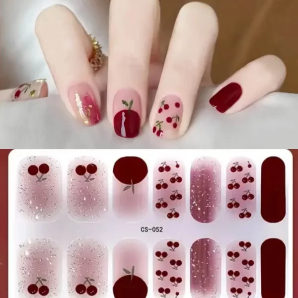 Full wrap nail police sticker with cherry design, self adhesive nail strips- chillimedia