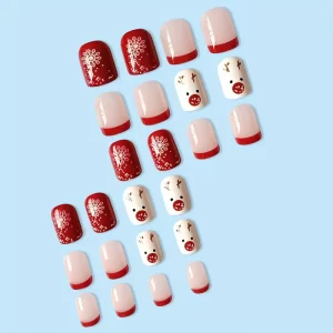 24 Pcs Fun Snowflake & Reindeer Squoval Shaped Nail Art Kit – Christmas Gel Nail Set