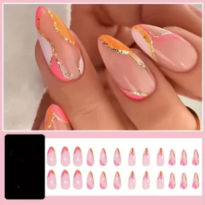 24 Pcs Almond Press-On Nails – Vibrant Orange-Pink with Dazzling Golden Glitter Accents