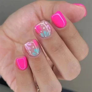 bright pink and floral short and classy press ons by quick nails designed b y chillimedia