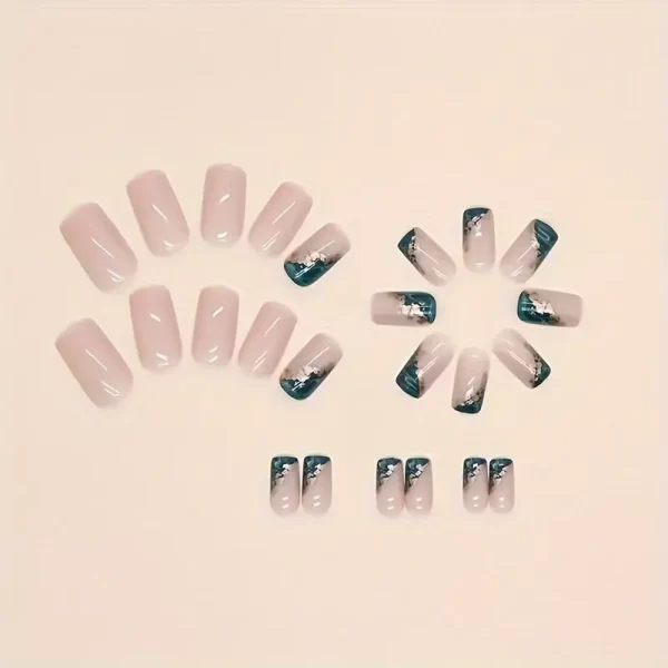 24-Piece Squoval Shaped Press-On Nails Set – Misty Glass Smudged Green with Golden Accent - Image 3