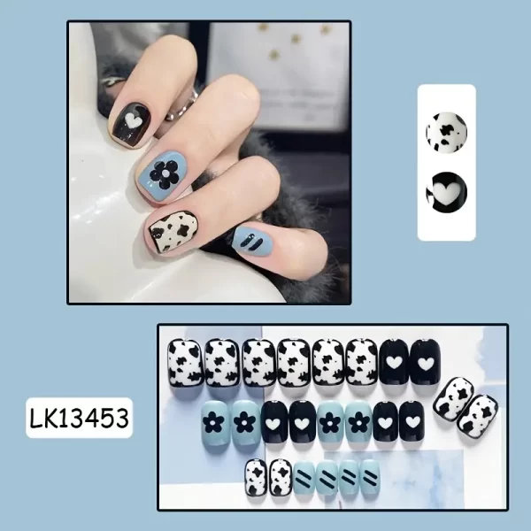 24 Pcs Press-On Nails Set – Black & Blue Short Square Nails with Floral & Cow Patterns