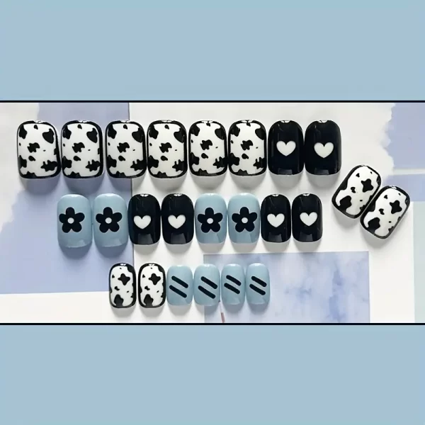 24 Pcs Press-On Nails Set – Black & Blue Short Square Nails with Floral & Cow Patterns