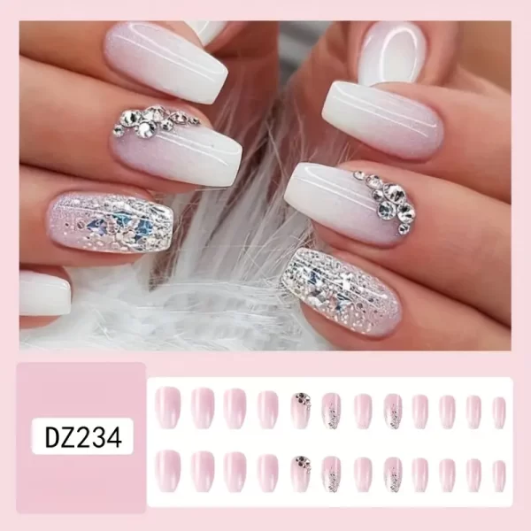 24Pcs/set Ultra-Glossy Ballerina Press-On Nails - Soft Pink Gradient & Sparkling Glitter, Timeless Elegant Style with Shiny Rhinestone Design - Durable & Reusable Fashion False Nails Set - Image 2