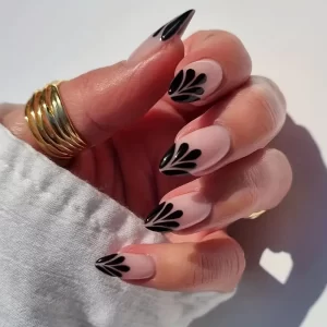 24pcs Almond-Shaped French Press-On Nails – Black Petal Drop Design for Daily and Party Wear