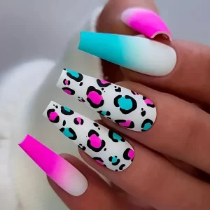 Leopard Gradient Press-On Nails Set – Matte Blue & Pink Long Coffin Ballerina Design