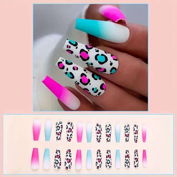 Leopard Gradient Press-On Nails Set – Matte Blue & Pink Long Coffin Ballerina Design