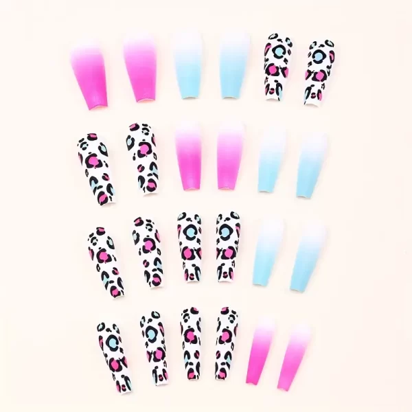 Leopard Gradient Press-On Nails Set – Matte Blue & Pink Long Coffin Ballerina Design