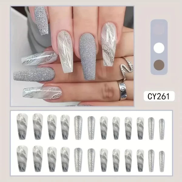 Elevate your manicure with the Long Ballerina Press-On Nails Set, featuring a stunning grey glitter marble gradient design with a sleek glossy finish. These long ballerina-shaped nails offer an elegant and trendy look, perfect for both casual and formal occasions. Designed for durability, they are easy to apply and comfortable for long-lasting wear, making them suitable for women and girls of all ages. Enjoy a flawless, salon-quality manicure at home with these chic, sophisticated nails. Benefits: Durable and long-lasting Quick and easy application Reusable for multiple wears Salon-quality design without the price tag