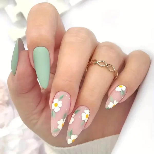 Matte Green almond press ons with daisies