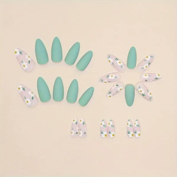 24pcs Matte  Green Almond Press-On Nails Kit – Floral Daisy Design, Easy Application with Jelly Glue & Nail File - Image 3