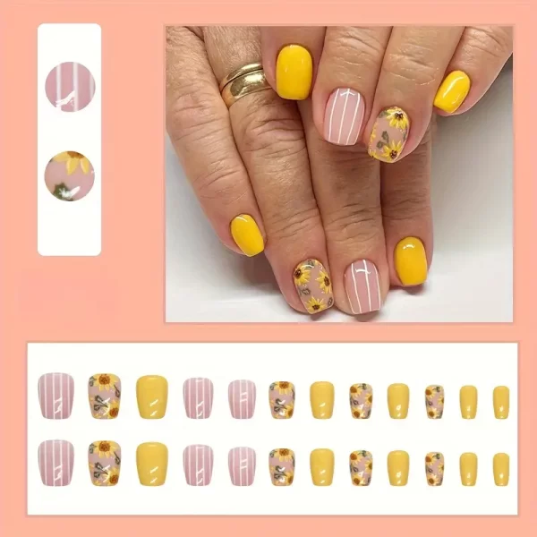 Bright sunflower press ons by Quick Nails
