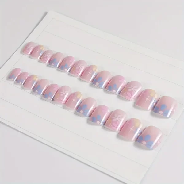 48pcs Fresh Floral Press-On Nails Set – Glossy Pink & Blue, Short Square Nails for Women