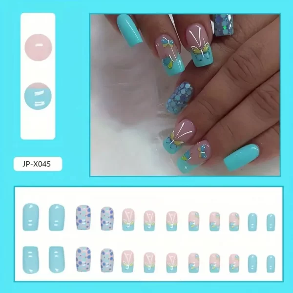 24 pcs Chic Summer Butterfly Sequin Press-On Nails – Glossy Ballet Set in Lake Blue & Nude - Image 3