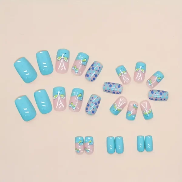 24 pcs Chic Summer Butterfly Sequin Press-On Nails – Glossy Ballet Set in Lake Blue & Nude - Image 4