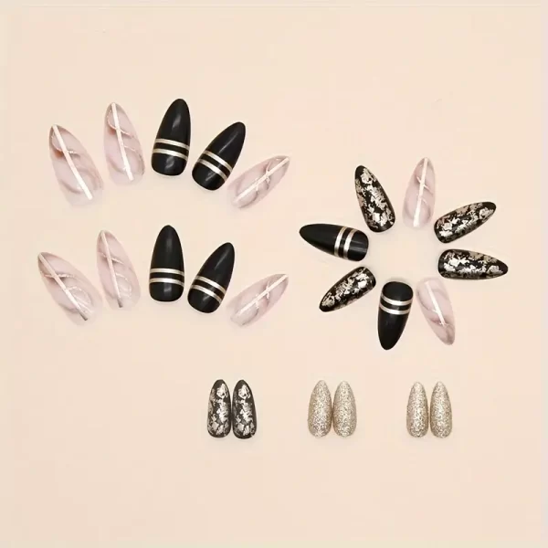 24-piece Luxury Black Pink and Gold Almond-Shaped Press-On Nails with Glittering Golden Foil & Stripes - Medium Length, Glossy Finish for a Bold & Edgy Look - Image 3