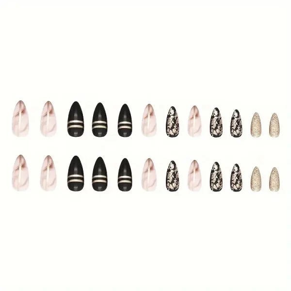 24-piece Luxury Black Pink and Gold Almond-Shaped Press-On Nails with Glittering Golden Foil & Stripes - Medium Length, Glossy Finish for a Bold & Edgy Look - Image 5