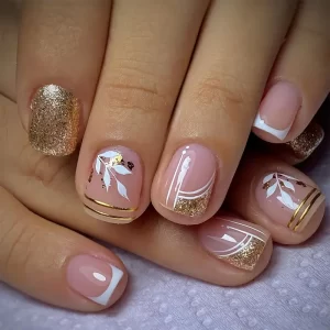 Pink Short Square Press-On Nails with White French Tips & Leaf Design – Sparkling Handmade Fake Nails