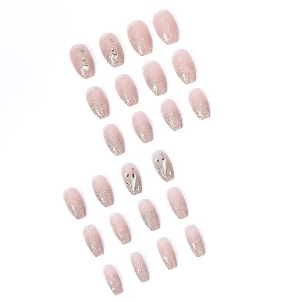 Long Square Shiny Pink Press-On Nails – Reusable Glossy False Nails with Glitter and Gem Accents - Image 3