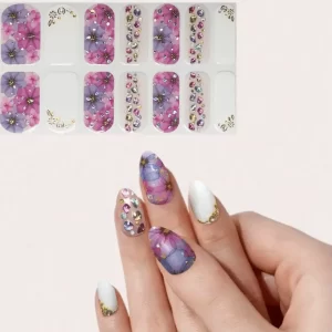 Blossom Sparkle Nail Wraps – Pink & Purple Floral Shimmer with Glittery Accents.