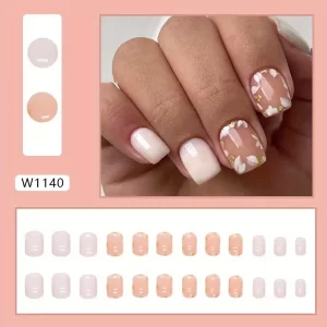 24-Piece Nude Tone Glossy Floral Nail Forms Set – Short Square-Edged with Petal Design & Golden Accents