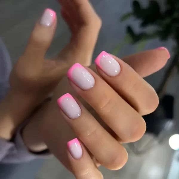 Pink Square Glossy Press-On Nails – French Tip Design by Quick Nails