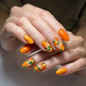 Short Oval Shape Press-On Nails Set – Glossy Finish with Nude & Orange Background and Floral Printing