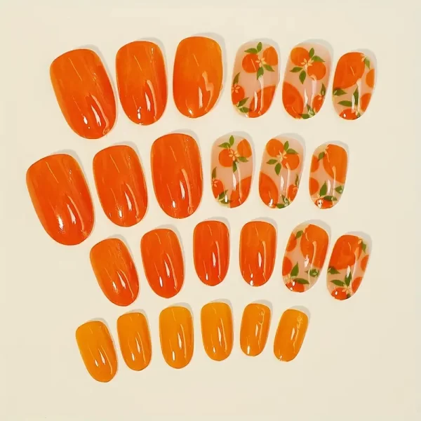 Short Oval Shape Press-On Nails Set - Glossy Finish, Orange & Yellow Contrast with Orange Floral Printing, Includes Nail Adhesive, Perfect for Summer