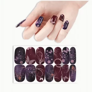 Wine & Plum Butterfly Nail Stickers – Easy-Apply Self-Adhesive Nail Decals for DIY Nail Art. Perfect for women and girls, featuring deep wine red and purple hues with elegant swirls and butterfly designs.