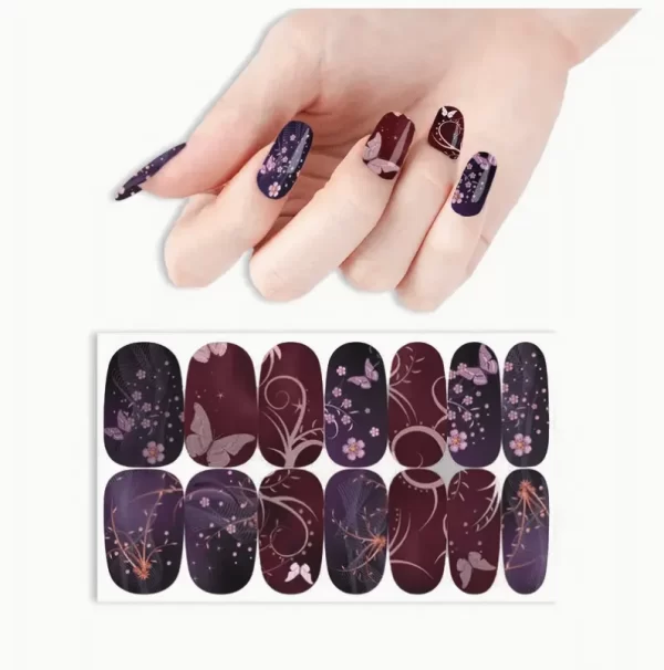 Wine & Plum Butterfly Nail Stickers – Easy-Apply Self-Adhesive Nail Decals for DIY Nail Art. Perfect for women and girls, featuring deep wine red and purple hues with elegant swirls and butterfly designs.