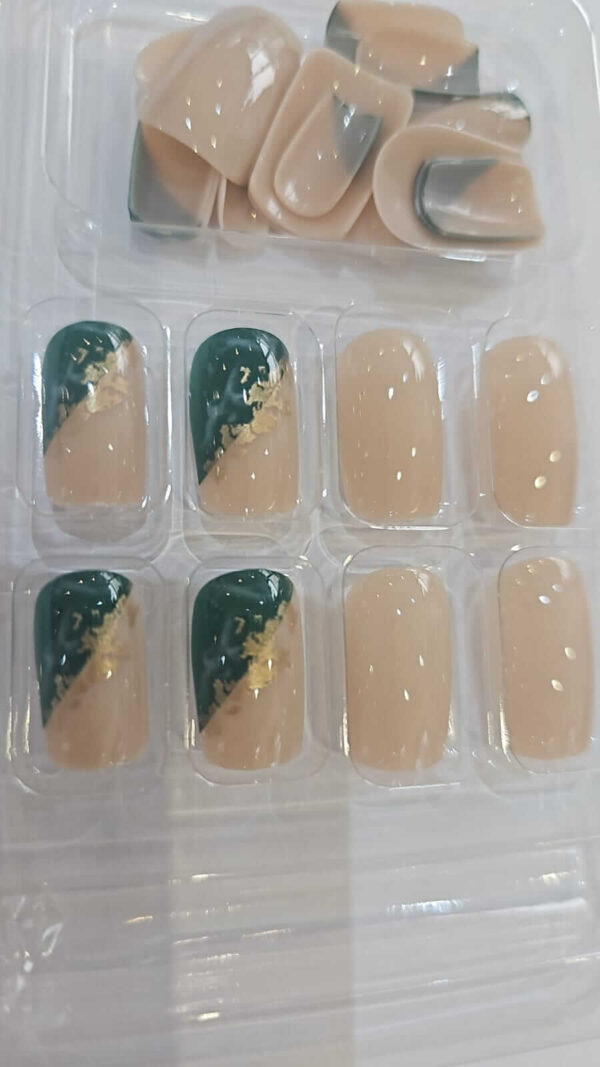 24-Piece Squoval Shaped Press-On Nails Set – Misty Glass Smudged Green with Golden Accent