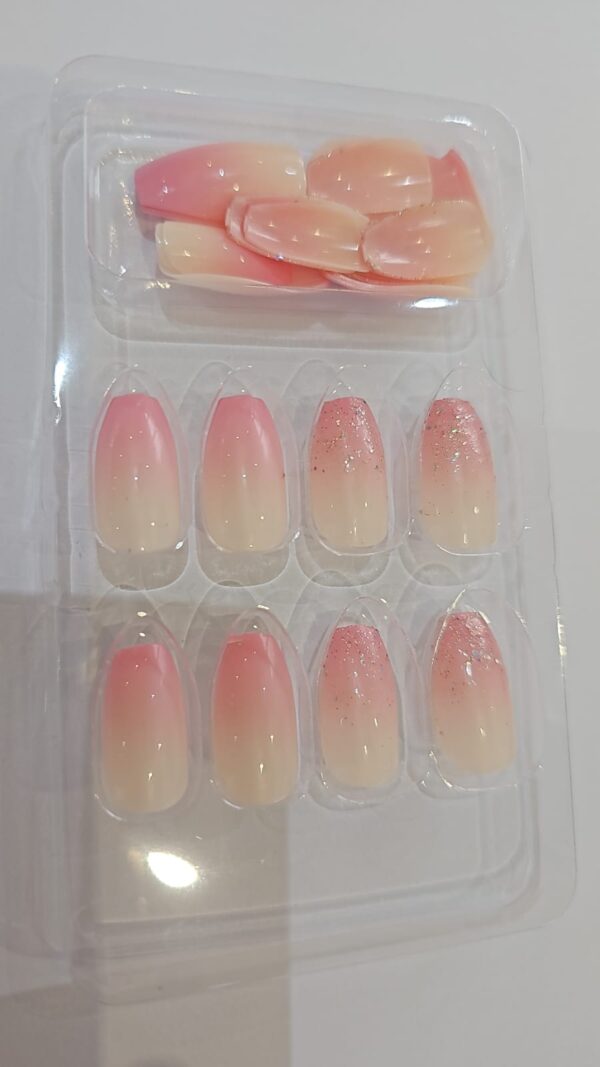 24pcs Medium Square/ Ballerina Press-On Nails – Tender Pink with Silvery Sequin Design, Full Cover