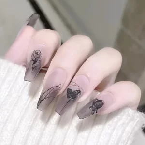 Elevate your style with our 24-piece Matte Long Ballet False Nails, Black Gradient With Butterfly, Rose Flower Design, Vintage And Elegant 