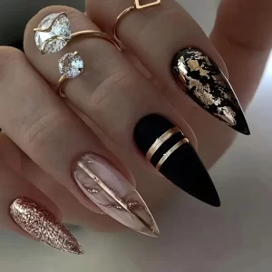 Chick black, pink and gold almond shaped press on nails