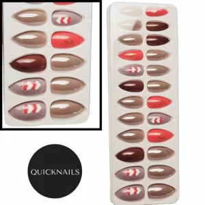 Red, grey and brown with hearts quality false nails by Quick nails