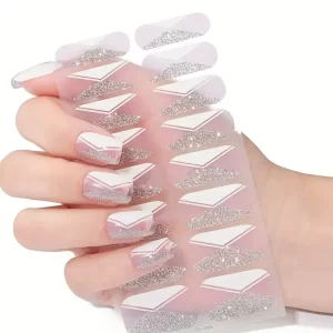 French Tip Nail Polish Stickers - Flower & Glitter Full Wrap Designs - Self-Adhesive Gel Strips for Effortless At-Home Manicures - Fashionable Nail Decorations for Women & Girls