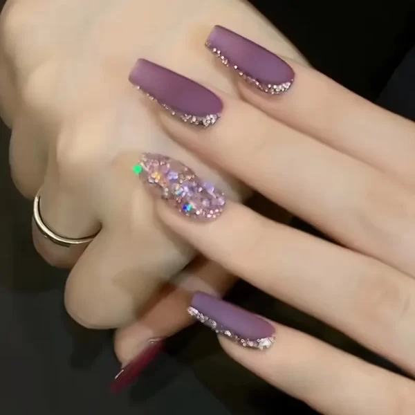 24-piece coffin-shaped matte grape purple press-on nails with nail file and jelly glue.