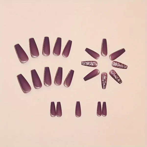 24-piece coffin-shaped matte grape purple press-on nails with nail file and jelly glue.