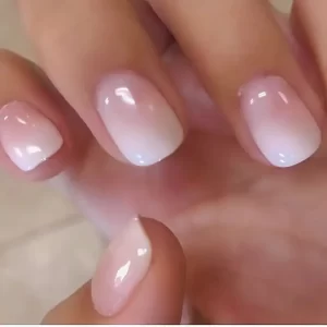 24-piece pink and white gradient mixed color oval short nail set for a delicate, fairy-inspired look.