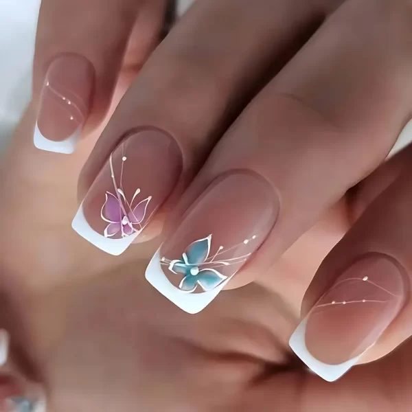 24pcs Dark Nude Press-On Nails with French Tip & Butterfly Design