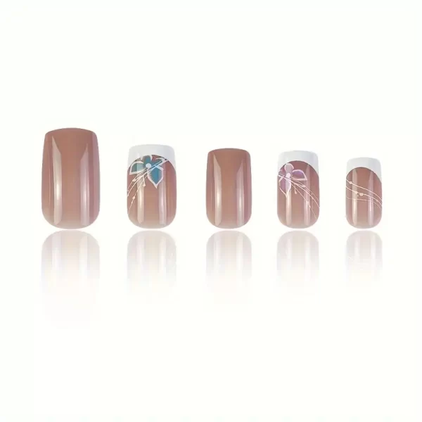 24pcs Dark Nude Press-On Nails with French Tip & Butterfly Design