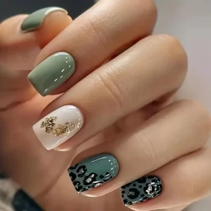 24pcs short oval press-on nails with green and leopard print in a glossy finish.