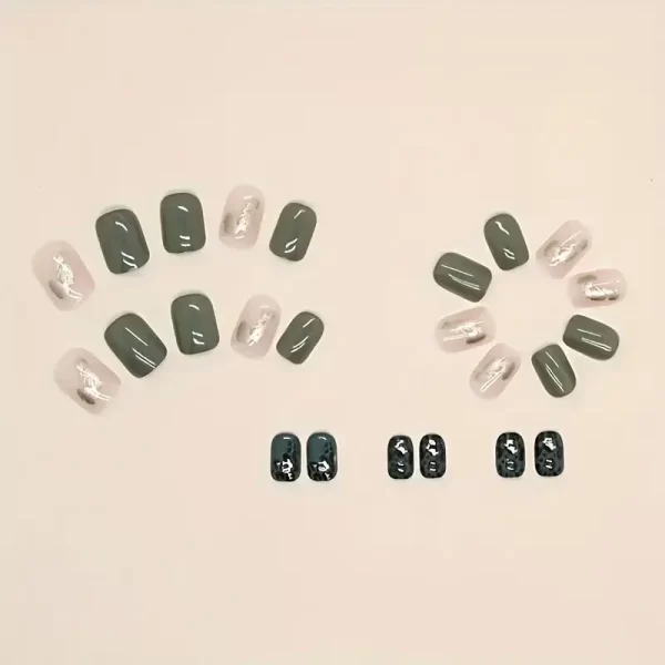 24pcs short oval press-on nails with green and leopard print in a glossy finish.