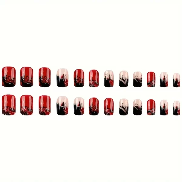 24pcs Glossy Red Press-On Nails with Flame Design - Medium S