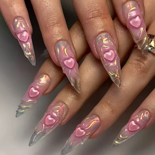 24pcs long pink press-on nails with glitter diamond accents and 3D love design.