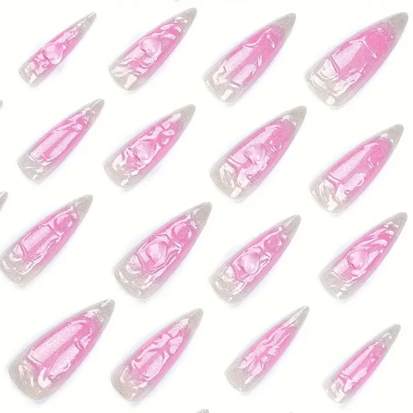 24pcs long pink press-on nails with glitter diamond accents and 3D love design.