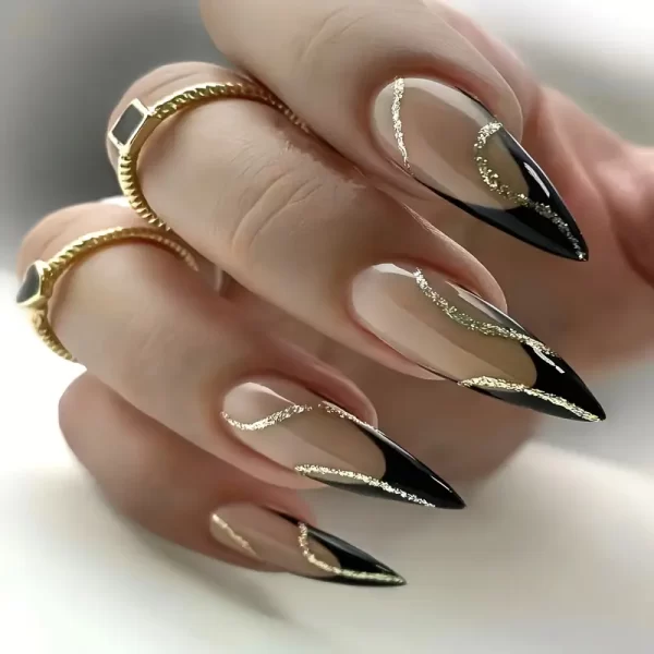 24pcs long ballet press-on nails with black French tips and golden stripes.