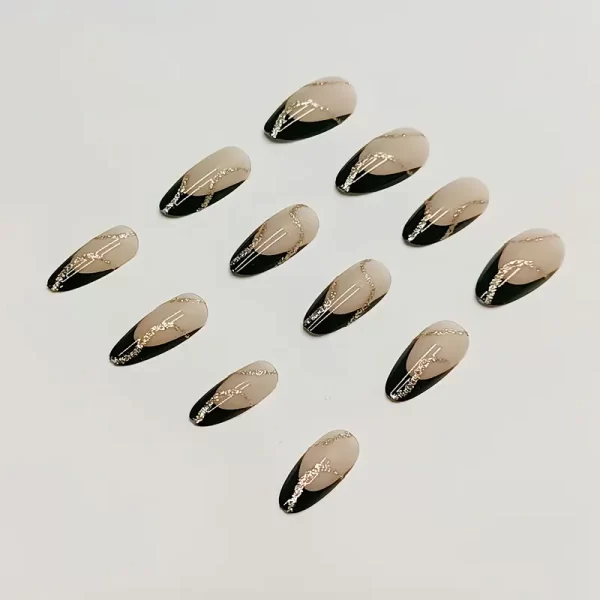 24pcs long ballet press-on nails with black French tips and golden stripes.