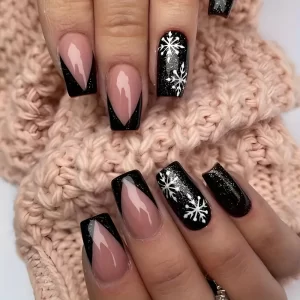 24pcs Christmas Glitter Press-On Nails Set – Short Coffin Shape in Pink & Black