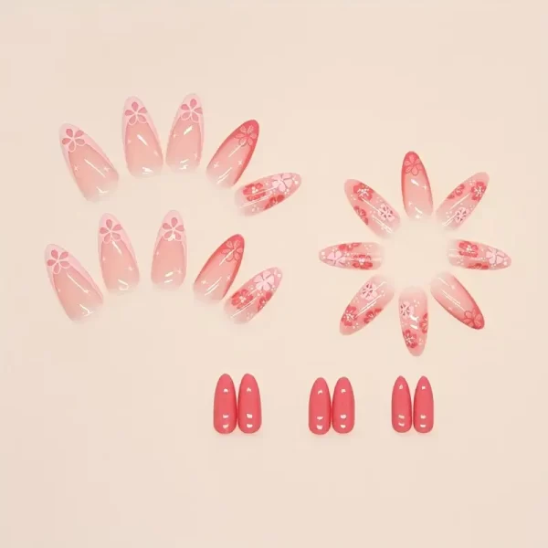 24pcs medium almond-shaped French press-on nails with sakura floral pattern.